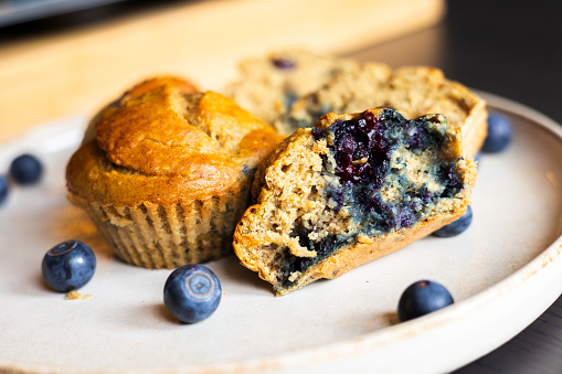 Healthy Vegan Banana Blueberry Muffins Close Up