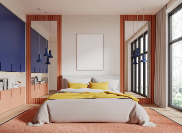 istock White bedroom interior with mirrors and poster 2093677160