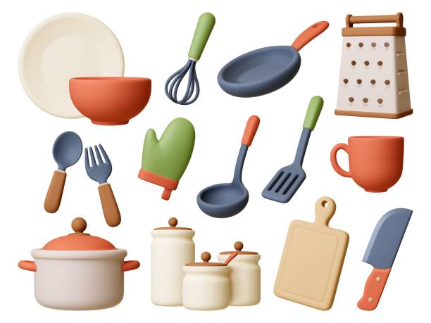 Render 3d kitchen elements. Isolated realistic bowl, cup and plate. Pot and crockery, knife, fork and spoon. Jars for ingredients, pithy vector clipart Render 3d kitchen elements. Isolated realistic bowl, cup and plate. Pot and crockery, knife, fork and spoon. Jars for ingredients, pithy vector clipart of kitchen object, tool household illustration cutlery cartoons stock illustrations