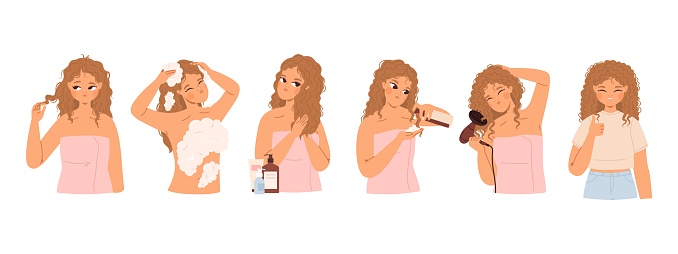 Curly hair step by step. Cute girl caring hair. Young woman washing head and doing hairstyling with cosmetics and tools. Beauty snugly vector concept of hair care illustration