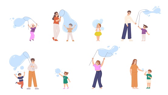 Play with bubbles. Soap bubbles show party, adults and children playing. Funny outdoor games and recreation. Blowing kid snugly vector character of fun bubble character illustration