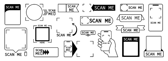 Scanning frames. Qr codes stickers and scan me inscription. Empty info banners templates, barcodes spaces or web labels, decent vector set of qr scan, scanner smartphone illustration