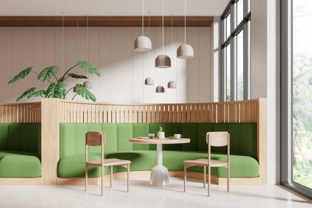 istock Cafe interior with chairs and sofa in row near panoramic window 2093680351