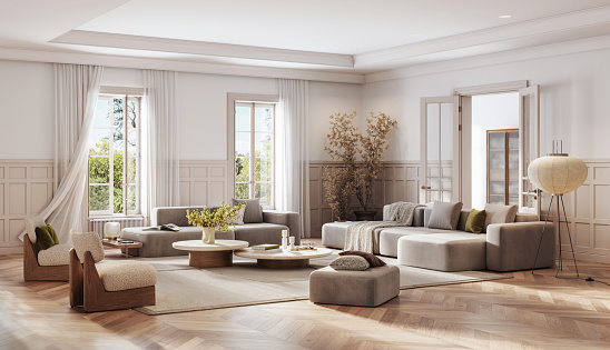 Contemporary classic white beige interior with furniture and decor.