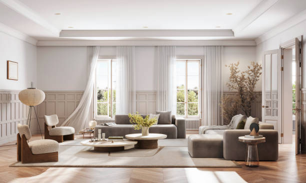 Digitally Crafted Living Room with Large Sunglight Filled Windows