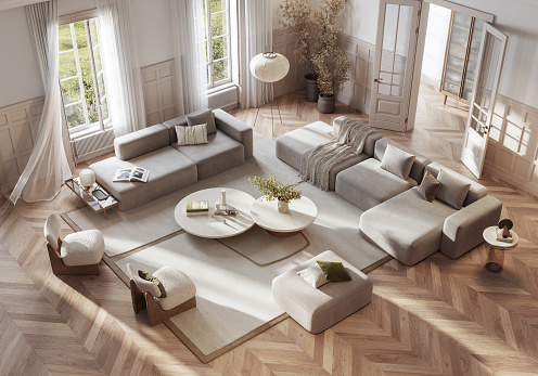 This is a digitally generated top view image of a chic, airy living room with expansive windows, soft textiles, and a sophisticated neutral color scheme