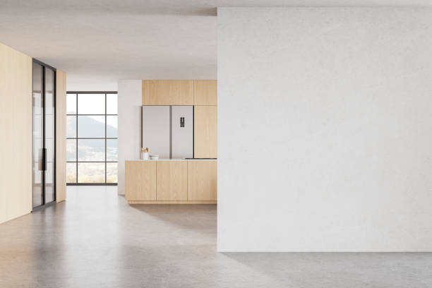 istock Home kitchen interior with cooking cabinet, fridge and window. Mockup wall 2093685650