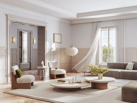 A computer-generated image presenting a homely living room, with beautiful windows, showcasing modern decor with a warm, inviting atmosphere