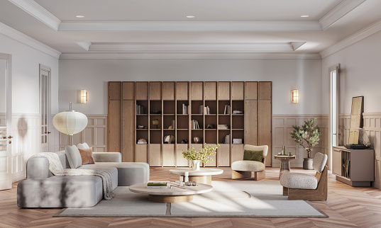This digitally illustrated living area with wooden bookshelf, and of blends refinement and comfort, featuring wood accents and a cohesive, earthy color palette