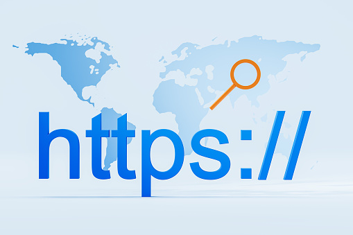 Worldwide map and https with magnifier element for search. Data and information in internet. Concept of web browsing and seo optimization. 3D rendering illustration