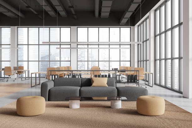 istock Modern office interior lounge and coworking zone near panoramic window 2093690362