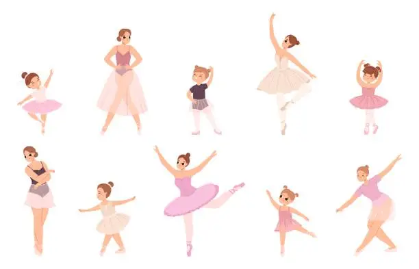 Vector illustration of Female ballerinas. Cute girls dancers in dress and tutu skirts. Little girl dancing classic dance. Theater artists, classical snugly vector characters