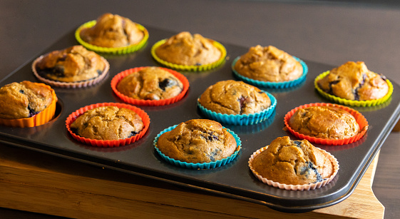 A close-up shot of homemade vegan banana blueberry muffins arranged in a baking tray