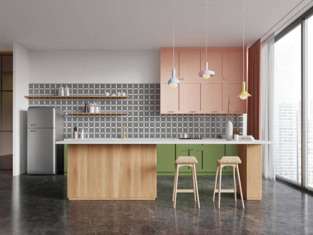 istock Modern home kitchen interior with bar island and cooking cabinet near window 2093693009