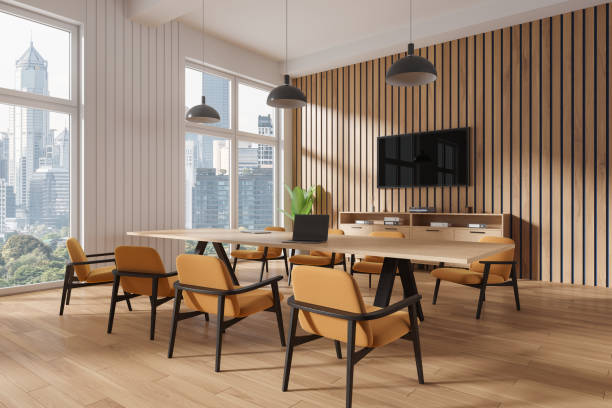 istock White and wooden board room corner with TV 2093694057