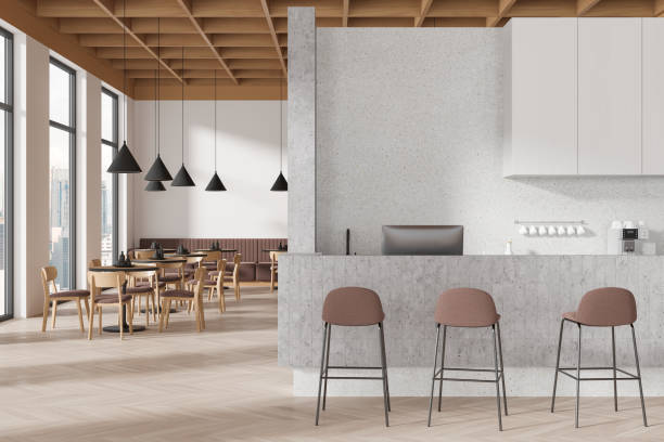 istock Stylish bar interior with chairs and table, bar island and panoramic window 2093695104