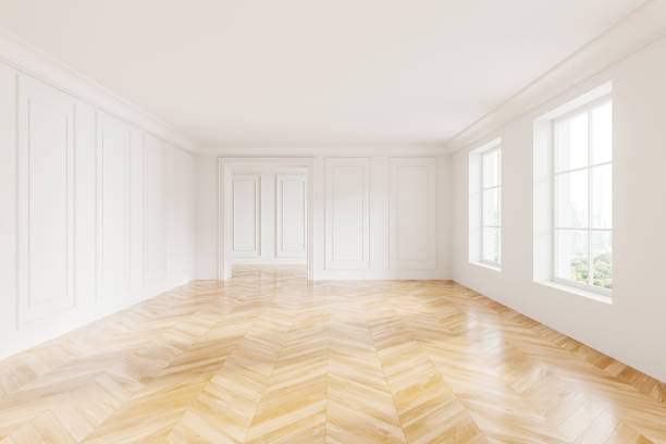 istock Modern home empty living room interior and panoramic window on skyscrapers 2093695628