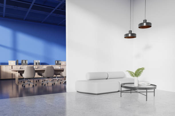 istock Stylish office room interior with relax and meeting space, mock up wall 2093698244