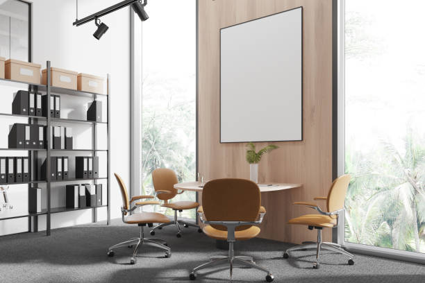 istock Wooden office meeting room interior with table and window, mock up frame 2093702379