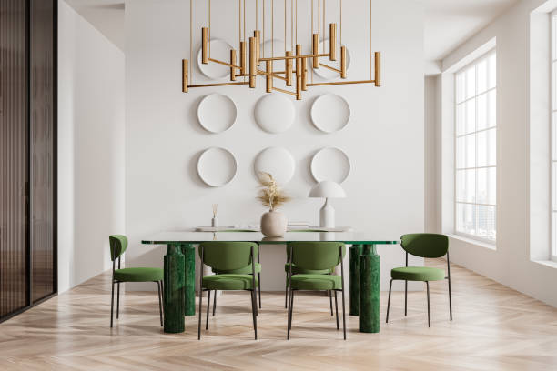 istock Stylish home living room interior with chairs, decoration and panoramic window 2093703924