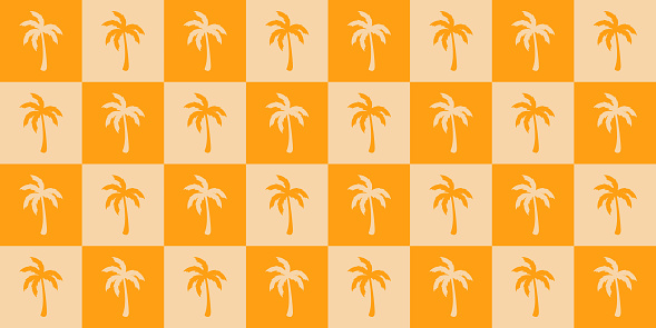 Checkered palm tree seamless pattern in yellow colors. Retro tropical illustration for background, textile, wrapping paper, fabric, wallpaper, cover design. Vector