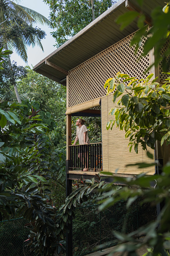 Young man looks across rainforest from balcony in eco-lodge