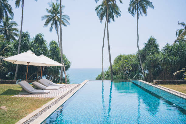istock Outdoor swimming pool and sea in tropical setting 2093725172