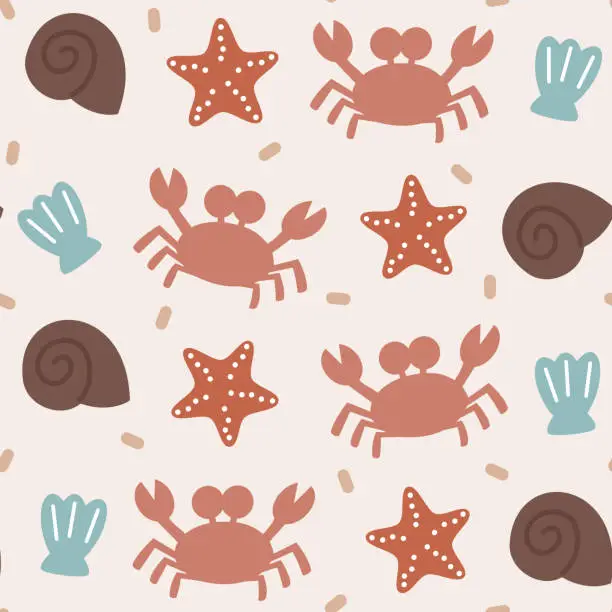 Vector illustration of cute hand drawn summer beach seamless vector pattern background illustration with seashell, crab and starfish