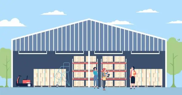 Vector illustration of Warehouse audit. Uniformed employee, manager and auditor. Logistic office workers, parcels and special car. Giant flat storehouse, vector scene