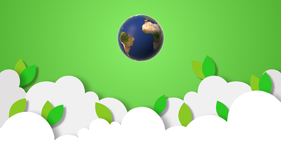 Earth Day with this captivating stock image featuring paper-cut clouds adorned with vibrant green leaves, accompanied by a rotating globe. Keywords like \