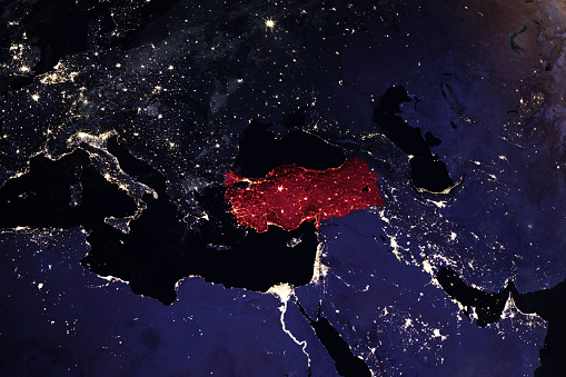 Earth with city lights and communication lines view from space at night.\nWorld map texture credits to NASA.\nhttps://visibleearth.nasa.gov/view.php?id=55167