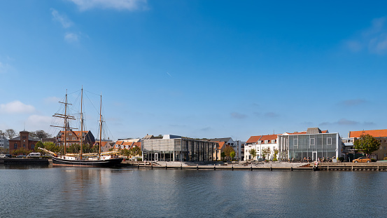 Tallship Maja in harbour of market town Thisted in Nordjylland, Denmark