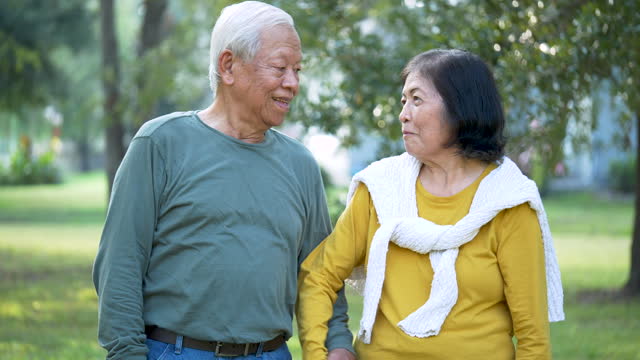 Senior Asian couple holding hands in backyard