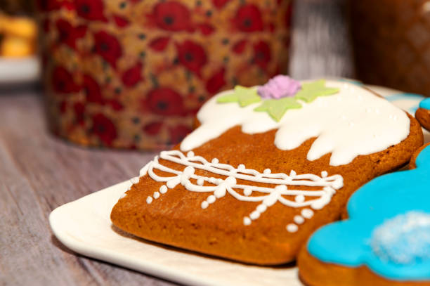 Easter gingerbread cookie on  wooden table. Cookies for Easter