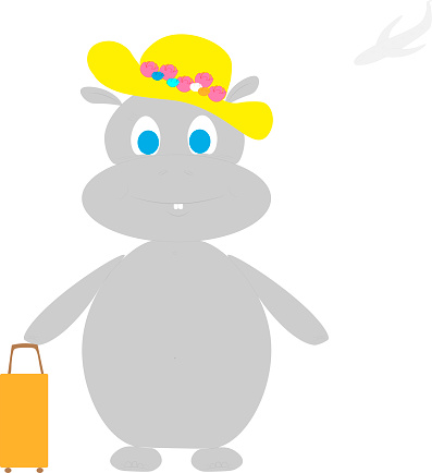 The hippo with a hat and a suitcase was going to fly on vacation by plane. Vector illustration for children. Use for T-shirt template, surface design, fashion clothing.