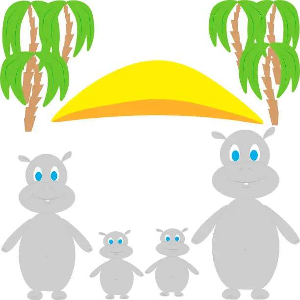 Vector illustration of A cute family of hippos on the background of sunset and palm trees