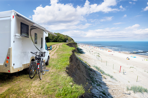 Holidays in Poland - camper at Baltic seashore in Trzesacz, small tourists resort in west pomeranian voivodeship