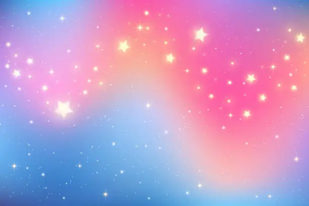 Vector illustration of Pink starry sky. Purple gradient space. Vector color galaxy with magic sparkles and glitter. Wavy blurred texture. Liquid dreamy wallpaper
