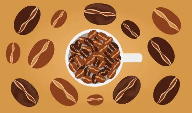 Vector illustration of top view of a white cup filled with coffee beans surrounded by large coffee beans