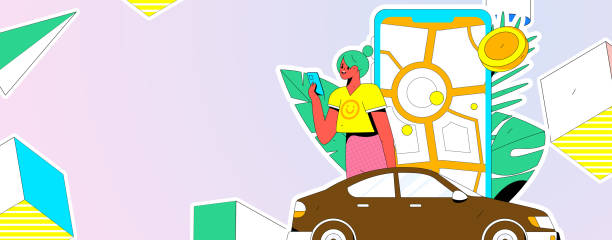 istock Flat vector concept operation hand drawn illustration of people taking a taxi 2093793876