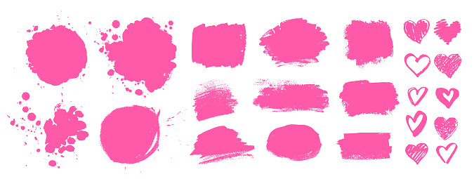 Collection of grunge vector hand drawn elements, banners and paint splashes in pink color