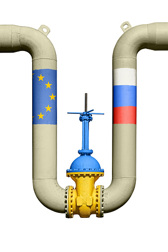 Ukrainian shutoff valve on the gas pipeline between Russia and the European Union. Geopolitical tensions over energy resources