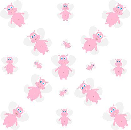 Pink hippo fairies with wings. A set of cute hippos in cartoon style. Vector illustration.