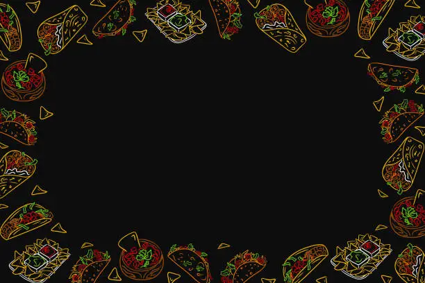 Vector illustration of Horizontal frame with Mexican food. Dark theme