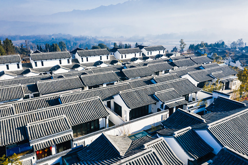 Aerial view of Chinese style villa residential buildings,Yunnan,China.
