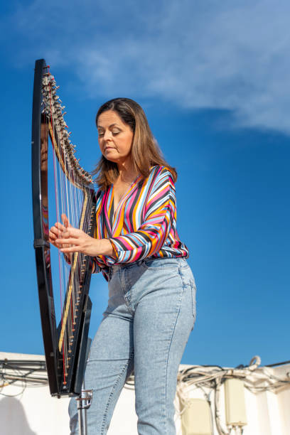 istock Harpist with electronic harp studying on the roof 2093818290