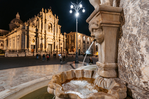 Fountain of the Elephant in front of the Saint Agatha Cathedral in Catania, Sicily at night.