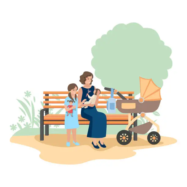 Vector illustration of Mom walks with baby in stroller