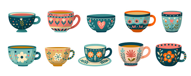 Set of mugs with abstract floral design. Ceramic tableware. Cute dishes of different shapes and patterns. Collection of vintage English tea cups, coffee cups and kitchen mugs. Hand drawn illustration.