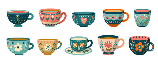 Collection of vintage tea cups Set of mugs with abstract floral design. Ceramic tableware. Cute dishes of different shapes and patterns. Collection of vintage English tea cups, coffee cups and kitchen mugs. Hand drawn illustration. tea cup and saucer stock illustrations